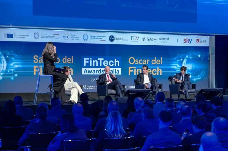 Il Salotto del FinTech che ha aperto la Notte degli Oscar del FinTech a Palazzo Mezzanotte, 8 ottobre 2026: sul palco, tra gli altri, Lucia Fracassi, Andrea Delfini, Alberto Asti e Guido Maria Brera